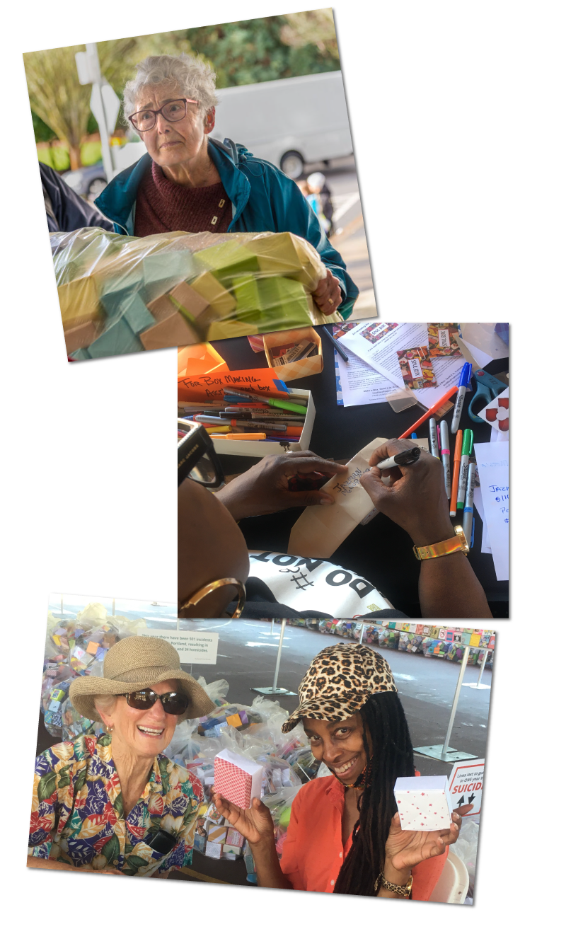 Participants at Various events with Soul Boxes Volunteers creating Art about gun violence